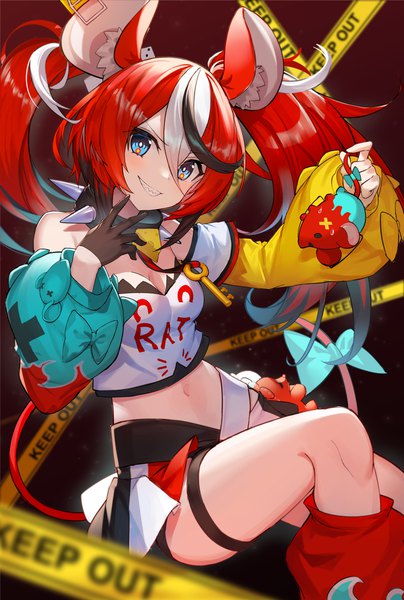 Anime picture 1320x1962 with virtual youtuber hololive hololive english hakos baelz mr. squeaks (hakos baelz) ohihil single long hair tall image blush blue eyes smile twintails holding animal ears red hair tail animal tail multicolored hair midriff