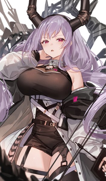 Anime picture 1000x1700 with arknights typhon (arknights) nima (niru54) single long hair tall image looking at viewer fringe breasts open mouth light erotic hair between eyes large breasts purple hair pink eyes horn (horns) off shoulder zettai ryouiki girl thighhighs