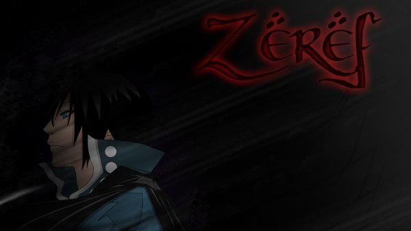 Anime picture 1600x900 with fairy tail zeref dreacus single short hair blue eyes black hair simple background wide image profile inscription coloring boy choker