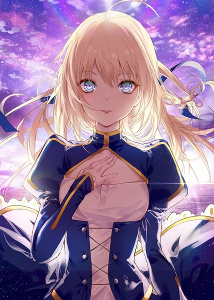 Anime picture 749x1050 with fate (series) fate/stay night artoria pendragon (all) saber kinokohime single long hair tall image looking at viewer blush fringe blue eyes blonde hair smile hair between eyes standing cloud (clouds) outdoors braid (braids) parted lips