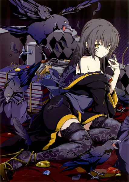 Anime picture 2608x3676 with azuma syoujuan single long hair tall image highres black hair yellow eyes traditional clothes japanese clothes scan girl thighhighs black thighhighs animal kimono bird (birds) book (books) crow