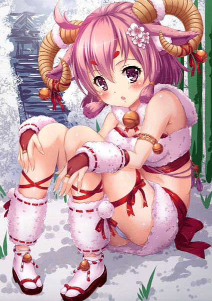 Anime picture 800x1131 with original sakiyamama single tall image looking at viewer blush fringe short hair breasts open mouth light erotic hair between eyes sitting purple eyes bare shoulders animal ears pink hair cleavage ahoge bent knee (knees)