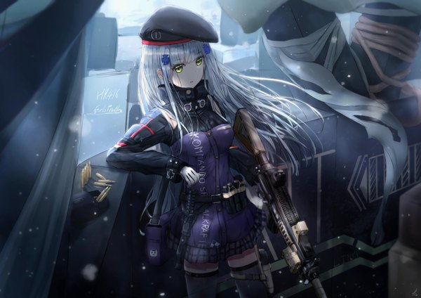 Anime picture 2048x1448 with girls frontline hk416 (girls frontline) wthjie single long hair fringe highres open mouth standing holding green eyes signed payot looking away silver hair blunt bangs long sleeves pleated skirt copyright name character names