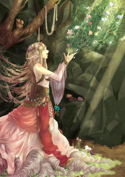 Anime picture 1593x2259 with original janis (hainegom) long hair tall image open mouth blonde hair bare shoulders eyes closed profile magic girl flower (flowers) plant (plants) animal tree (trees) bird (birds) wreath squirrel