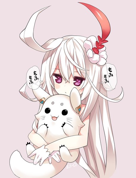 Anime picture 763x1000 with last period choko (last period) miu (last period) kiira single long hair tall image blush fringe open mouth simple background hair between eyes looking away upper body ahoge white hair pink eyes sleeveless hug text