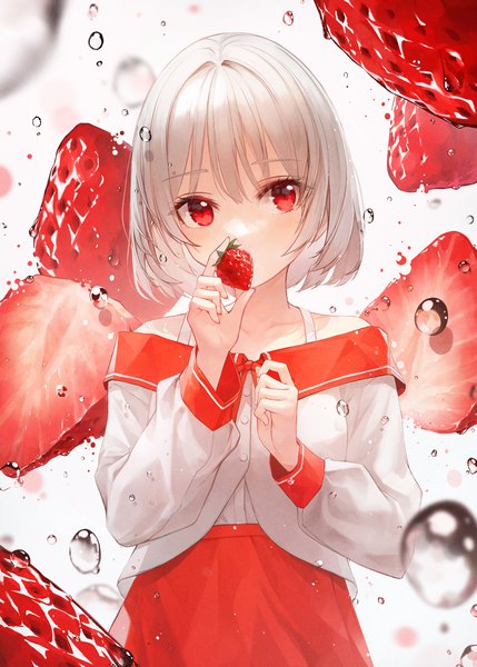 Anime picture 3000x4200 with original crystalherb single tall image looking at viewer fringe highres short hair simple background red eyes standing bare shoulders holding white hair long sleeves off shoulder covered mouth girl skirt food
