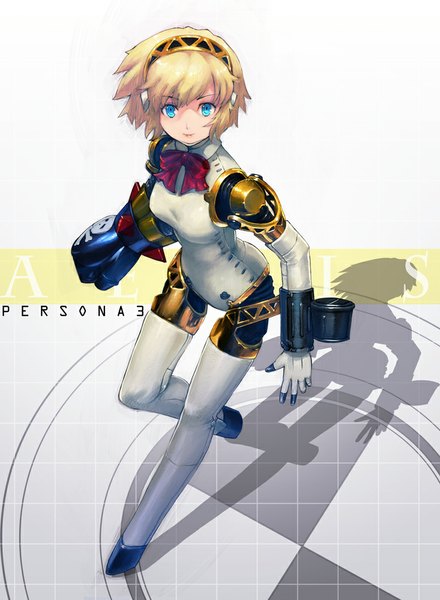 Anime picture 733x1000 with persona 3 persona aegis boyaking(sbf) single tall image looking at viewer short hair blue eyes blonde hair smile full body from above inscription shadow girl headphones android