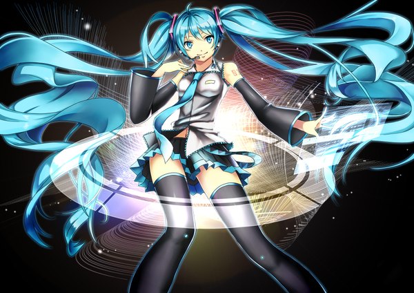 Anime picture 2000x1415 with vocaloid hatsune miku akami fumio single looking at viewer highres bare shoulders very long hair aqua eyes aqua hair girl thighhighs detached sleeves miniskirt necktie microphone