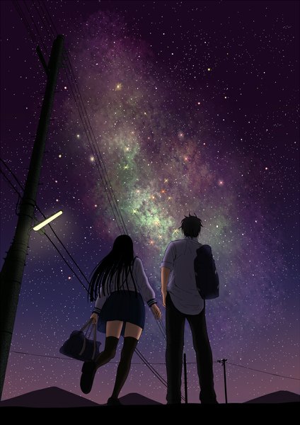 Anime picture 706x1000 with original itoguchi (manma melon) long hair tall image short hair black hair from behind night night sky couple girl thighhighs boy uniform black thighhighs shirt serafuku star (stars) school bag