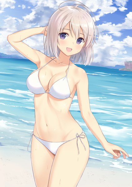Anime picture 1000x1414 with original n.g. single tall image looking at viewer blush fringe short hair breasts open mouth light erotic smile hair between eyes large breasts standing purple eyes sky cleavage silver hair cloud (clouds)