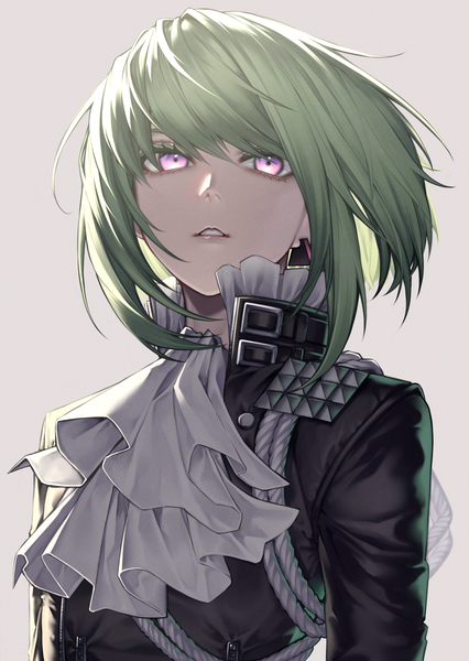 Anime picture 1447x2039 with promare studio trigger lio fotia hongjake single tall image fringe short hair simple background purple eyes looking away upper body parted lips green hair grey background boy earrings neckerchief