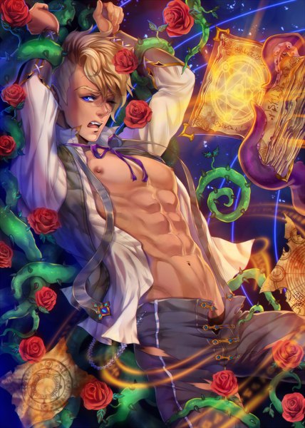 Anime-Bild 857x1200 mit original akubaka single tall image blush short hair open mouth blue eyes light erotic blonde hair one eye closed arms up open shirt embarrassed torn clothes magic muscle bondage glow asymmetrical hair