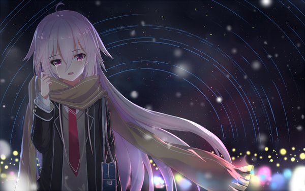 Anime picture 1600x1007 with vocaloid ia (vocaloid) echj single long hair looking at viewer fringe open mouth hair between eyes silver hair upper body ahoge head tilt pink eyes wind night night sky tears lens flare crying