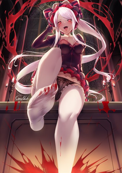 Anime picture 1000x1414 with overlord (maruyama) madhouse shalltear bloodfallen gainoob single tall image looking at viewer blush fringe breasts open mouth light erotic smile red eyes sitting signed payot silver hair ponytail indoors