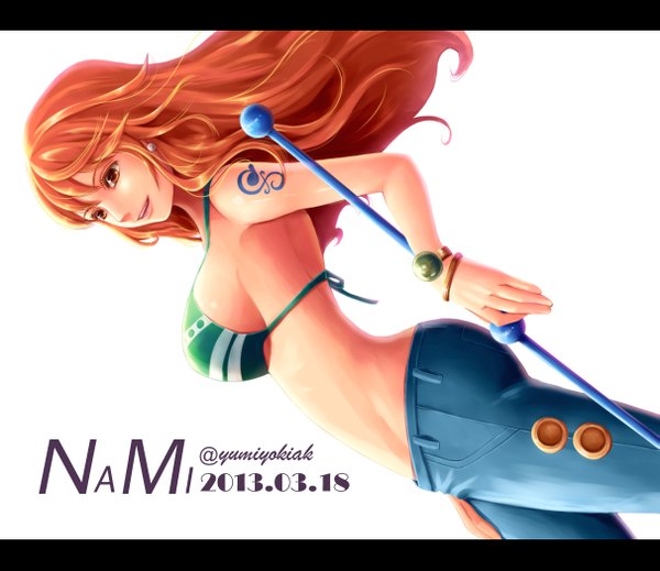 Anime picture 1211x1049 with one piece toei animation nami (one piece) yumiyokiak single long hair breasts open mouth light erotic smile large breasts brown eyes looking away wind sunlight orange hair tattoo girl weapon swimsuit