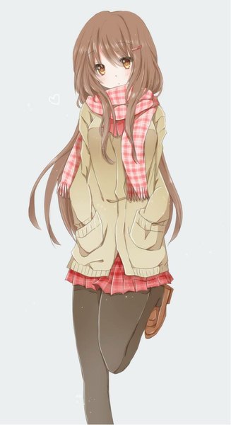 Anime picture 622x1141 with original hiro (hirohiro31) single long hair tall image looking at viewer simple background brown hair white background brown eyes pleated skirt hands in pockets leg up jpeg artifacts girl skirt hair ornament miniskirt pantyhose jacket