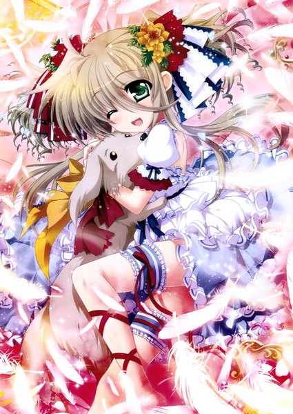 Anime picture 2480x3500 with higa yukari single long hair tall image blush highres open mouth brown hair green eyes one eye closed hair flower wink scan girl dress hair ornament flower (flowers) animal feather (feathers) dog