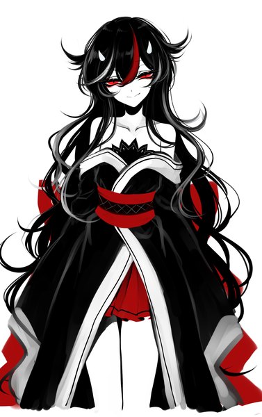 Anime picture 2200x3500 with touhou kijin seija sheya single long hair tall image looking at viewer fringe highres black hair simple background smile hair between eyes red eyes white background traditional clothes japanese clothes multicolored hair horn (horns) off shoulder