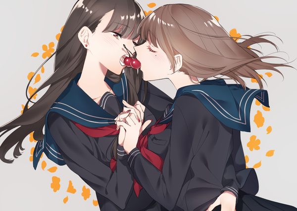 Anime picture 1179x837 with original sino42 long hair fringe brown hair multiple girls brown eyes upper body nail polish wind grey background mole mole under eye holding hands shoujo ai red nail polish almost kiss girl uniform 2 girls
