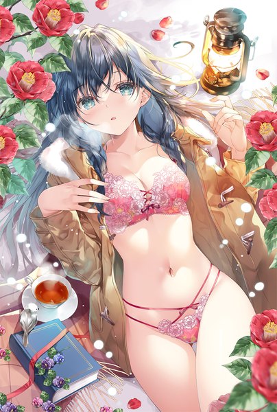 Anime picture 943x1400 with original miwabe sakura single long hair tall image looking at viewer blush fringe breasts open mouth blue eyes light erotic black hair hair between eyes cleavage outdoors lying from above open clothes on back