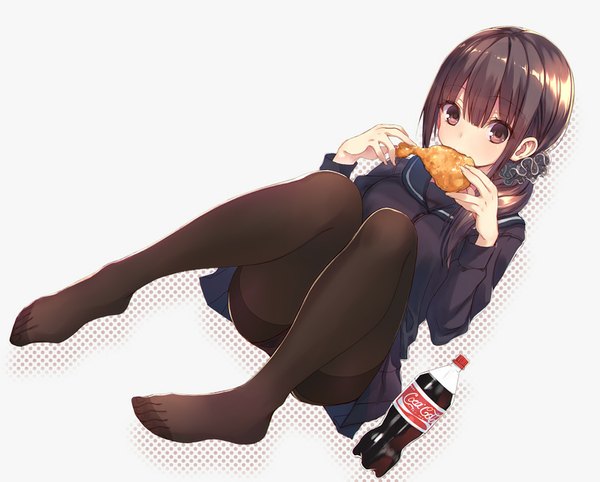 Anime picture 800x643 with original coca-cola suisen single looking at viewer blush short hair light erotic sitting holding brown eyes ponytail pantyshot no shoes pantyshot sitting eating girl skirt uniform underwear