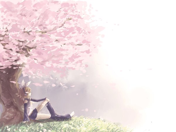Anime picture 1300x975 with vocaloid kagamine rin sishenfan single short hair blonde hair sitting eyes closed cherry blossoms girl plant (plants) petals tree (trees) headphones