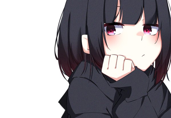 Anime picture 855x587 with original ichiki 1 single blush fringe short hair black hair simple background red eyes white background looking away blunt bangs long sleeves multicolored hair two-tone hair sleeves past wrists gradient hair head rest girl