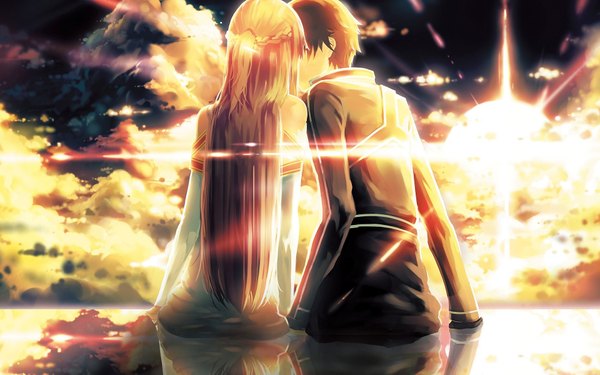 Anime picture 1920x1200 with sword art online a-1 pictures yuuki asuna kirigaya kazuto ko2915277ok long hair highres short hair blonde hair brown hair sitting bare shoulders sky cloud (clouds) from behind sunlight evening sunset face to face sunbeam