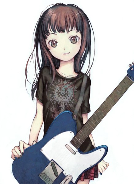 Anime picture 2189x3000 with original shouichi taguchi single long hair tall image highres simple background brown hair white background nail polish pleated skirt light smile girl miniskirt t-shirt musical instrument guitar plectrum