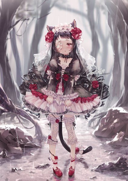 Anime-Bild 2480x3508 mit original daefny single long hair tall image looking at viewer blush fringe highres open mouth black hair red eyes standing signed animal ears payot full body outdoors tail long sleeves