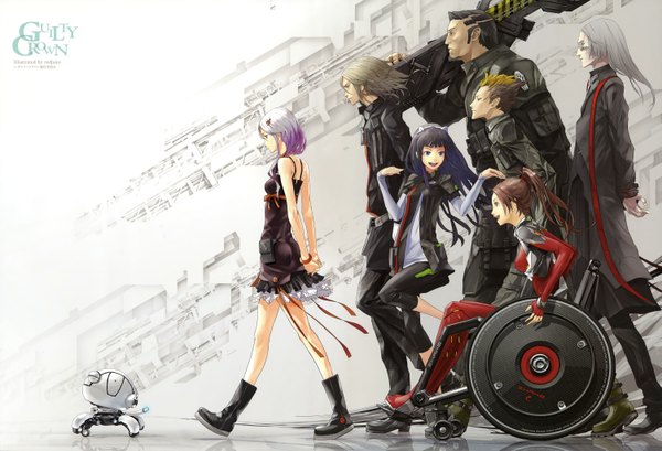 Anime picture 6001x4094 with guilty crown production i.g yuzuriha inori tsugumi shinomiya ayase fyu-neru tsutsugami gai redjuice long hair highres short hair open mouth blue eyes black hair smile red eyes brown hair multiple girls brown eyes animal ears