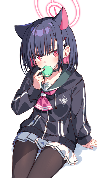 Anime picture 1253x2301 with blue archive kazusa (blue archive) zoirun single tall image looking at viewer blush short hair black hair simple background red eyes white background sitting animal ears multicolored hair from above cat ears colored inner hair eating girl