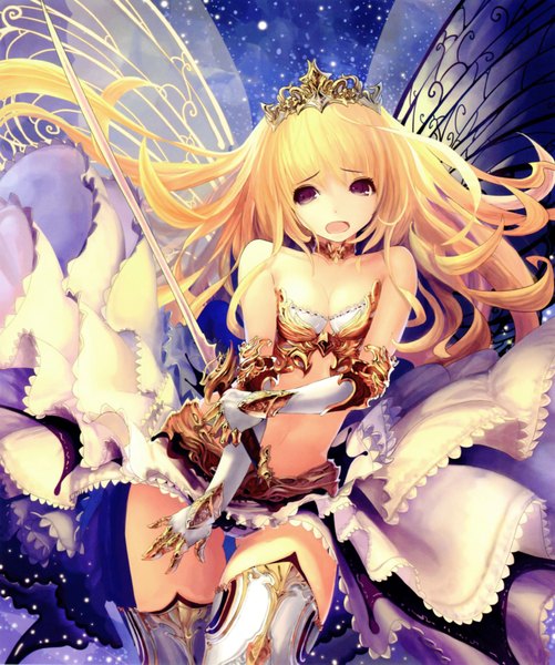 Anime picture 3664x4385 with shingeki no bahamut tachikawa mushimaro (bimo) single long hair tall image highres open mouth light erotic blonde hair purple eyes absurdres scan insect wings butterfly wings girl dress gloves weapon sword wings
