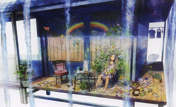 Anime picture 2430x1488 with original nicocco (guru) single long hair highres wide image sitting silver hair eyes closed light sleeping girl dress flower (flowers) plant (plants) window book (books) umbrella chair sundress