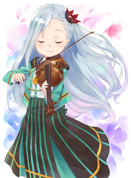 Anime picture 809x1100 with raramagi kujou saaya eichisu single long hair tall image blush simple background standing holding silver hair eyes closed hair flower light smile loli floating hair striped playing instrument girl skirt