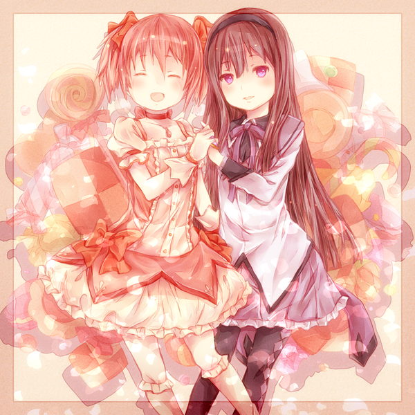 Anime picture 1125x1125 with mahou shoujo madoka magica shaft (studio) akemi homura kaname madoka satou (una-vittima) long hair looking at viewer blush short hair open mouth black hair smile standing purple eyes twintails multiple girls pink hair eyes closed light smile holding hands