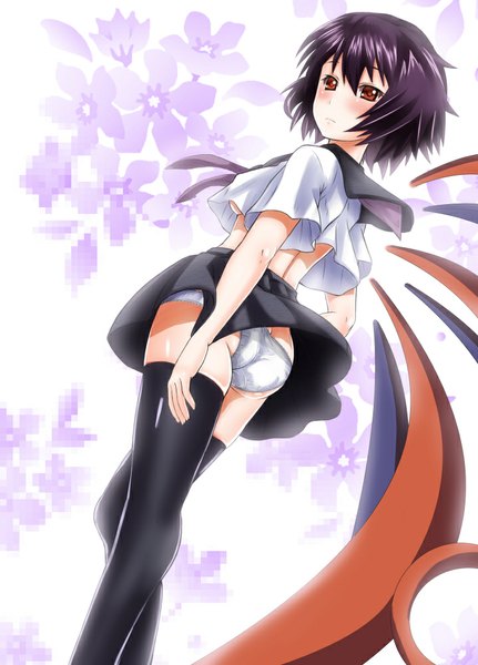 Anime picture 719x1000 with touhou houjuu nue ebi 193 single tall image fringe short hair breasts light erotic red eyes purple eyes ass looking back from behind girl thighhighs skirt underwear panties black thighhighs