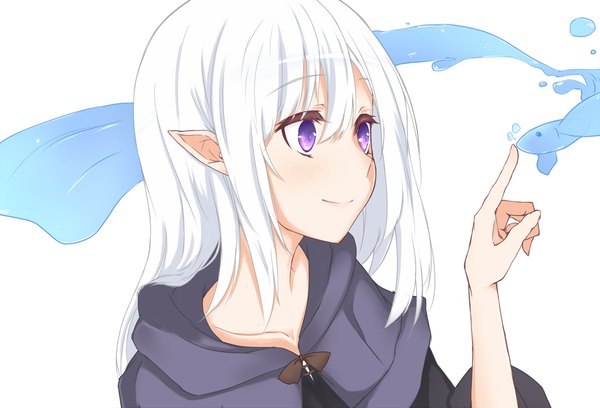 Anime picture 1058x721 with original suu2510 single long hair blush fringe simple background smile hair between eyes white background purple eyes payot looking away upper body white hair arm up pointy ears elf girl animal