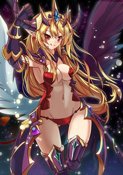 Anime picture 721x1024 with puzzle & dragons lilith (p&d) rocknroll (artist) single long hair tall image looking at viewer blush breasts light erotic blonde hair smile red eyes horn (horns) pointy ears bare belly armpit (armpits) girl gloves navel
