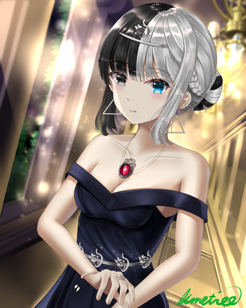 Anime picture 2000x2500 with original winterlime12 single tall image blush fringe highres short hair blue eyes black hair standing bare shoulders signed payot looking away silver hair blunt bangs braid (braids) multicolored hair black eyes