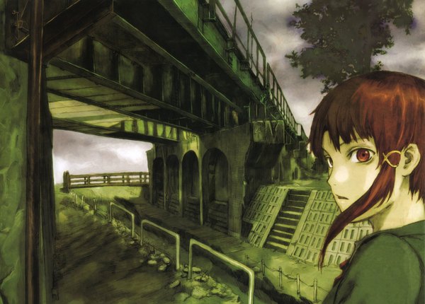 Anime picture 3000x2152 with serial experiments lain iwakura lain abe yoshitoshi single looking at viewer highres short hair red eyes brown hair sky cloud (clouds) upper body parted lips looking back girl plant (plants) tree (trees) stairs bridge