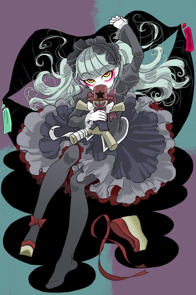 Anime picture 800x1200 with precure kirakira precure a la mode toei animation biburi (precure) ton (artist) single long hair tall image looking at viewer fringe sitting twintails yellow eyes full body blunt bangs grey hair lolita fashion makeup goth-loli girl