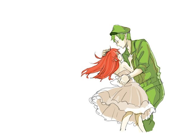 Anime picture 1280x960 with happy tree friends flippy flaky long hair short hair simple background white background bare shoulders red hair green hair orange hair couple hug face to face personification girl dress boy uniform flat cap