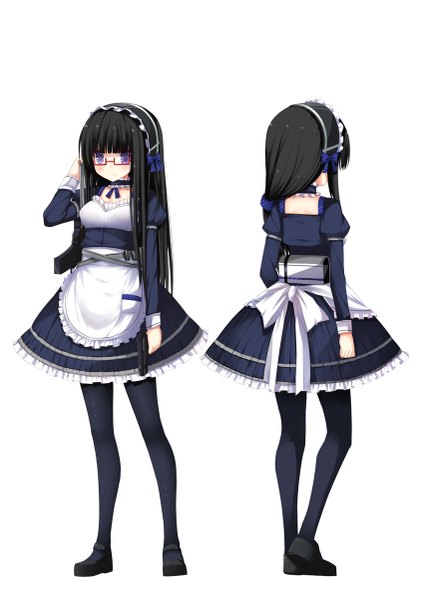 Anime picture 849x1200 with original aixioo long hair tall image black hair simple background white background purple eyes maid dual persona girl dress weapon glasses headdress gun maid headdress