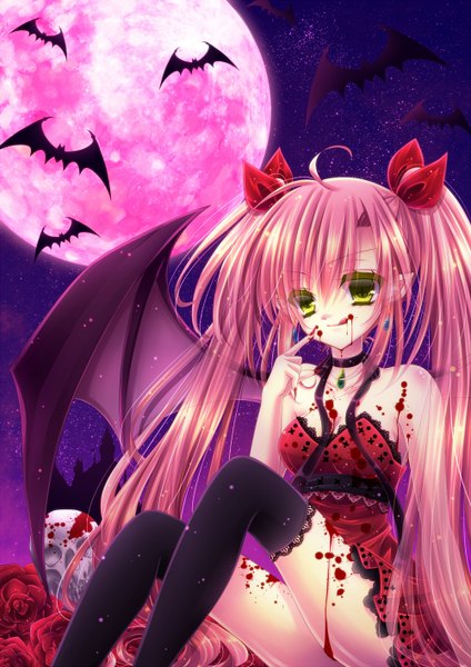 Anime picture 1000x1414 with original momomiya mion long hair tall image twintails green eyes pink hair pointy ears red moon girl thighhighs dress flower (flowers) black thighhighs wings blood bat