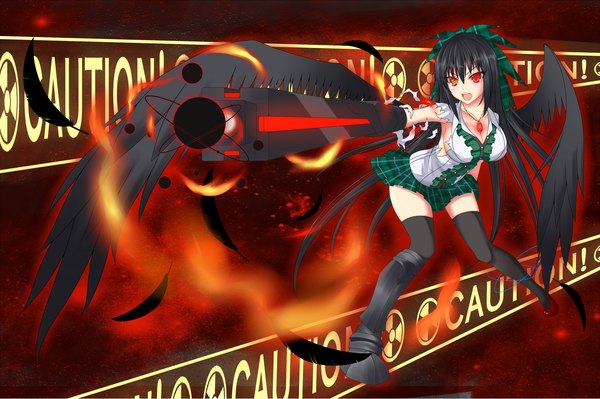Anime picture 2000x1333 with touhou reiuji utsuho gmot long hair highres open mouth black hair red eyes leaning leaning forward fighting stance screaming arm cannon girl thighhighs skirt bow weapon black thighhighs hair bow