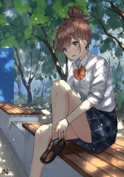 Anime picture 1020x1450 with original miko fly single tall image looking at viewer blush fringe short hair open mouth hair between eyes brown hair sitting signed bent knee (knees) outdoors pleated skirt sunlight grey eyes hair bun (hair buns) plaid skirt