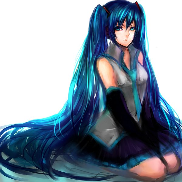 Anime picture 1111x1111 with vocaloid hatsune miku sasaki ryou single looking at viewer blue eyes simple background white background sitting twintails bare shoulders blue hair very long hair lips aqua hair girl skirt gloves detached sleeves necktie