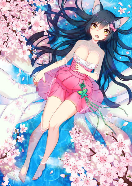 Anime picture 1000x1407 with league of legends ahri (league of legends) whitehee93 single long hair tall image breasts light erotic black hair large breasts bare shoulders animal ears yellow eyes tail lying animal tail barefoot bare legs no shoes fox ears