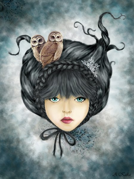 Anime picture 1500x2000 with original amarukaka tall image looking at viewer short hair inscription grey background lipstick alternate hairstyle makeup girl ribbon (ribbons) animal owl